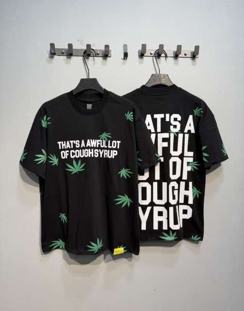 Cough Syrup Scattered Leaf All Over Print Front Small Slogan Back Big Stacked Text Tee 2 colors 29288645