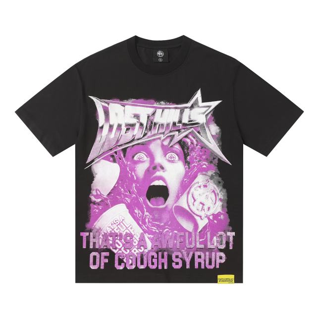Cough Syrup Screaming Horror Portrait Distressed Bottom Text Front Pink Circular Ring Demon Silhouette Graphic Print Tee 2 colors 29303988