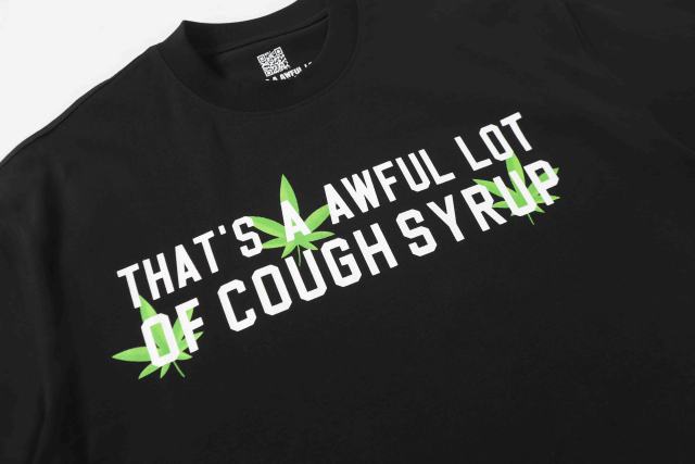 Cough Syrup Minimal Street Green Hemp Leaf Accent Horizontal Slogan Front Large Vertical Bold Segmented Letter Tee 2 colors 29302254