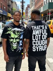 Cough Syrup Green And Blue Contrast Split Demon Face Front Large Stacked Text Slogan Back Oversized Tee 29288677