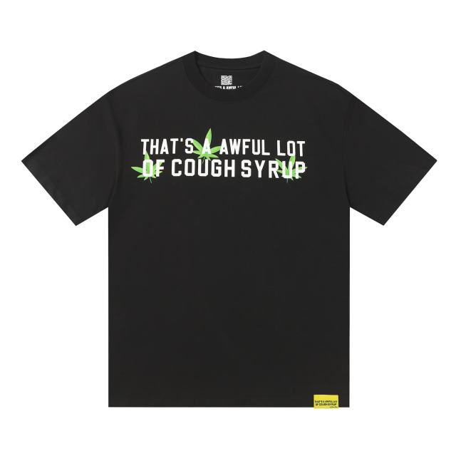 Cough Syrup Minimal Street Green Hemp Leaf Accent Horizontal Slogan Front Large Vertical Bold Segmented Letter Tee 2 colors 29302254