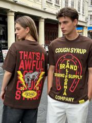 Cough Syrup California Western Horseshoe Brand Text Front Bucking Bronco Lightning Stacked Slogan Printed Tee 29290068