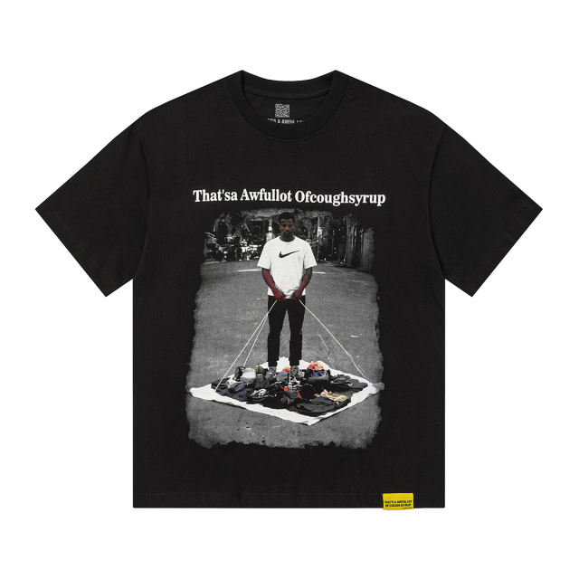 Cough Syrup Hip Hop Streetwear Street Vendor Figure Print Back Split Text Street Sign Design Tee 2 colors 29288641