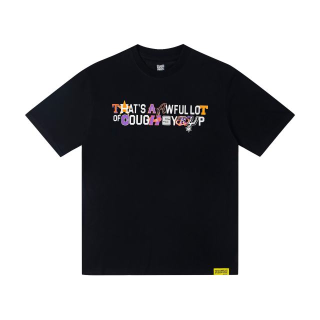Cough Syrup Y2K Modern Street Front Tiny Star Accent Multicolor Letter Back Big Mixed Color Stacked Text Print T-Shirt 29345354