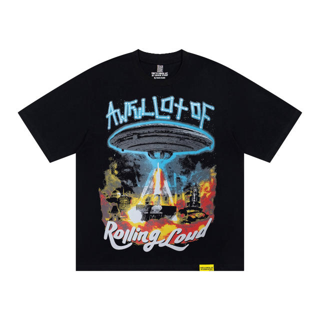Cough Syrup Hip Hop Streetwear Front Neon Light Bulb Outline Text Ufo Spaceship Abduct Burning City Vintage Cosmic Sky Print Oversized T-Shirt 29344003