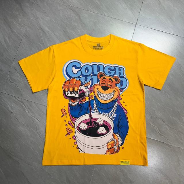 Cough Syrup Y2K Relax Street Bright Yellow Background Cartoon Honey Bear Purple Syrup Dripping Liquid Art Print T-Shirt 29344143