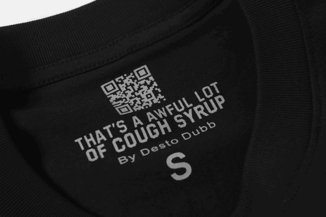 Cough Syrup Vertical Stacked Pharmacy Words Front Large Faded Gold Block Letter Slogan Print Tee 29303867