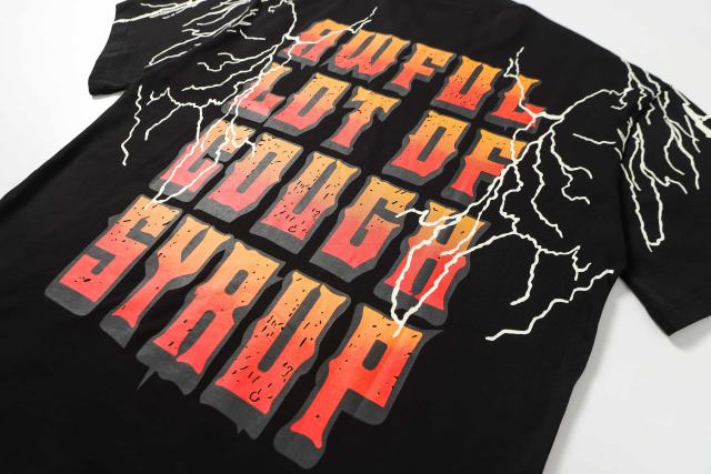 Cough Syrup Bear Holding Syrup Cup Flame Outline Arch Letter Front Orange Red Gradient 3D Block Letter Slogan Print Tee 29303918