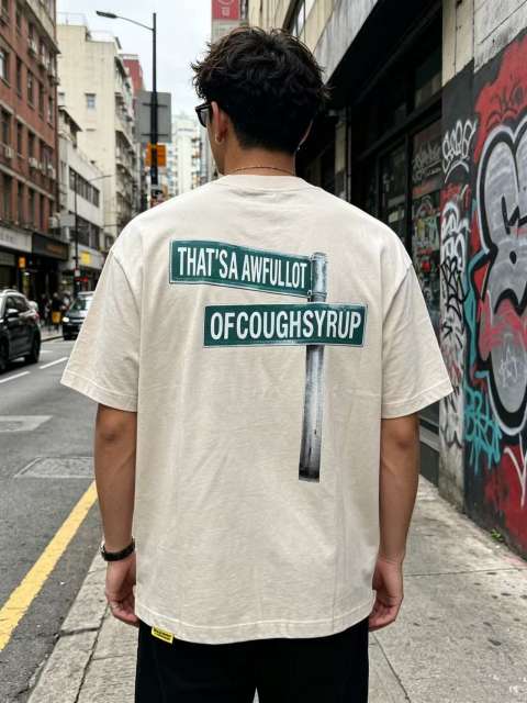 Cough Syrup Hip Hop Streetwear Street Vendor Figure Print Back Split Text Street Sign Design Tee 2 colors 29288641