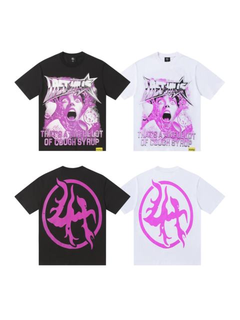 Cough Syrup Screaming Horror Portrait Distressed Bottom Text Front Pink Circular Ring Demon Silhouette Graphic Print Tee 2 colors 29303988
