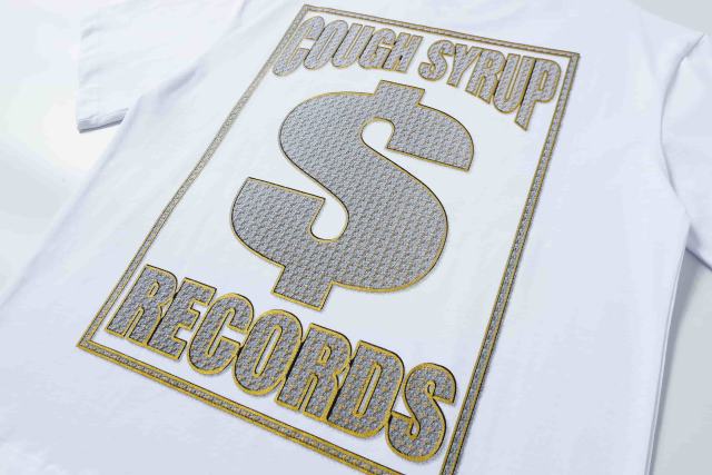 Cough Syrup Luxury Hip Hop Rhinestone Mesh Texture Front Horizontal Slogan Back Framed Dollar Sign Records Logo Tee 29302196