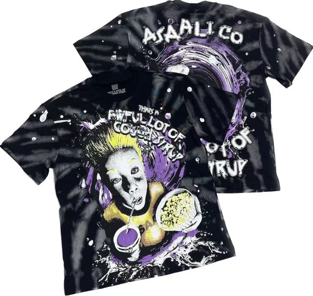 Cough Syrup Trippy Purple Liquid Splash Vortex Graphic Two Sided Print Black Spiral Tie Dye Unisex Tee 29303783