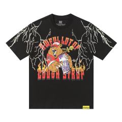 Cough Syrup Bear Holding Syrup Cup Flame Outline Arch Letter Front Orange Red Gradient 3D Block Letter Slogan Print Tee 29303918