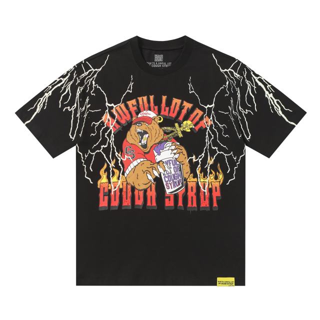 Cough Syrup Bear Holding Syrup Cup Flame Outline Arch Letter Front Orange Red Gradient 3D Block Letter Slogan Print Tee 29303918