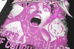 Cough Syrup Screaming Horror Portrait Distressed Bottom Text Front Pink Circular Ring Demon Silhouette Graphic Print Tee 2 colors 29303988