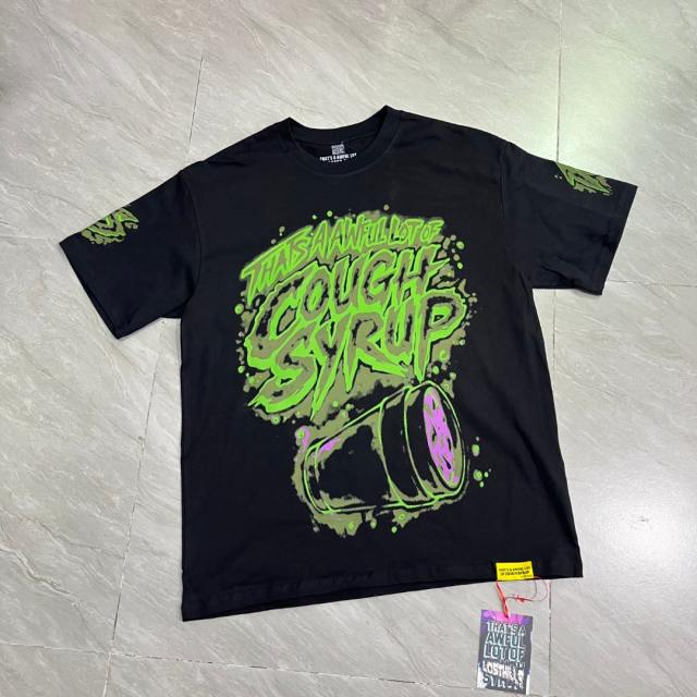 Cough Syrup Dark Grunge Streetwear Front Splatter Paint Toxic Green Jagged Graffiti Letter Overturned Cup Purple Liquid Print Oversized T-Shirt 29343950