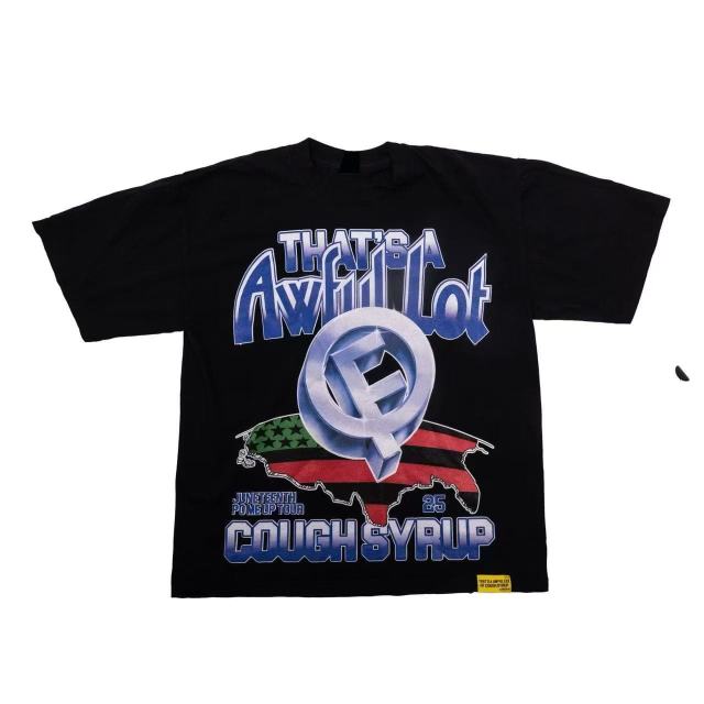 Cough Syrup Hip Hop Streetwear Gothic Stacked Letter Slogan USA Continent Map Emblem Badge Double Side Tee 29303789