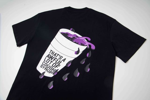 Cough Syrup PO' UP US City Name List Green Box Text Gradient Flame Front Purple Syrup Dripping Disposable Cup Print Tee 2 colors 29303911
