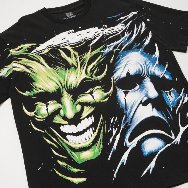 Cough Syrup Green And Blue Contrast Split Demon Face Front Large Stacked Text Slogan Back Oversized Tee 29288677