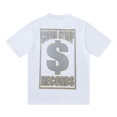 Cough Syrup Luxury Hip Hop Rhinestone Mesh Texture Front Horizontal Slogan Back Framed Dollar Sign Records Logo Tee 29302196
