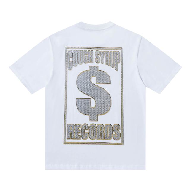 Cough Syrup Luxury Hip Hop Rhinestone Mesh Texture Front Horizontal Slogan Back Framed Dollar Sign Records Logo Tee 29302196