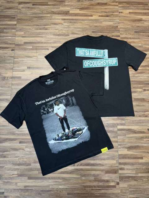 Cough Syrup Hip Hop Streetwear Street Vendor Figure Print Back Split Text Street Sign Design Tee 2 colors 29288641