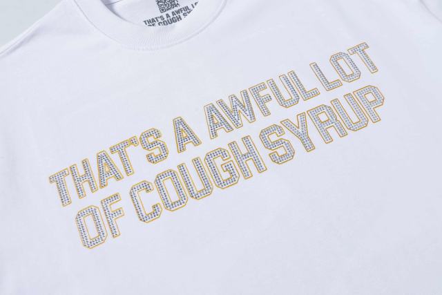 Cough Syrup Luxury Hip Hop Rhinestone Mesh Texture Front Horizontal Slogan Back Framed Dollar Sign Records Logo Tee 29302196