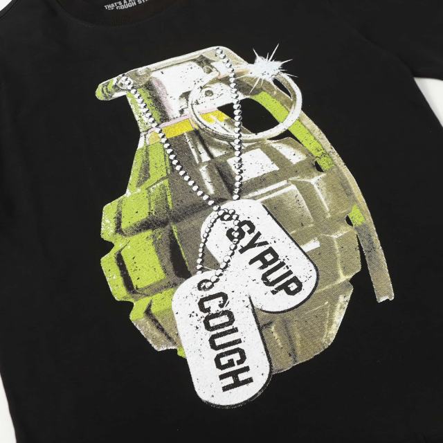 Cough Syrup Vintage Distressed Army Grenade Graphic Back Big Stacked Text Print Tee 29303794