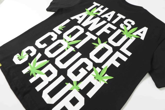 Cough Syrup Minimal Street Green Hemp Leaf Accent Horizontal Slogan Front Large Vertical Bold Segmented Letter Tee 2 colors 29302254