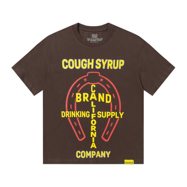 Cough Syrup California Western Horseshoe Brand Text Front Bucking Bronco Lightning Stacked Slogan Printed Tee 29290068