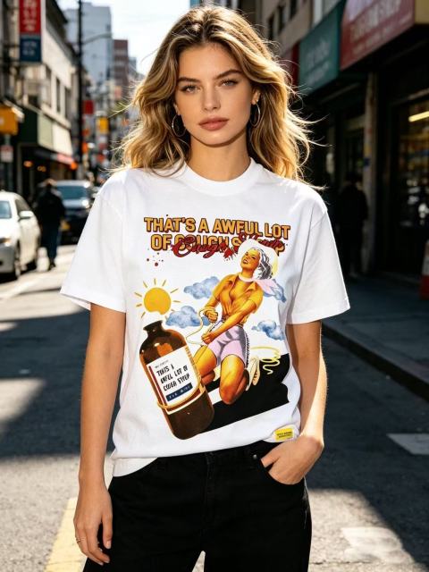 Cough Syrup Pin-Up Lady Syrup Bottle Front Red Graffiti Overlay Stacked Letter Back Print Tee 29290078
