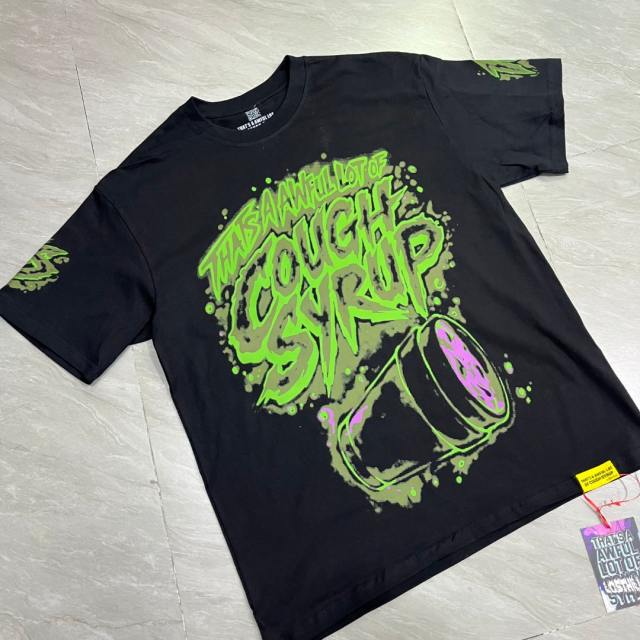 Cough Syrup Dark Grunge Streetwear Front Splatter Paint Toxic Green Jagged Graffiti Letter Overturned Cup Purple Liquid Print Oversized T-Shirt 29343950