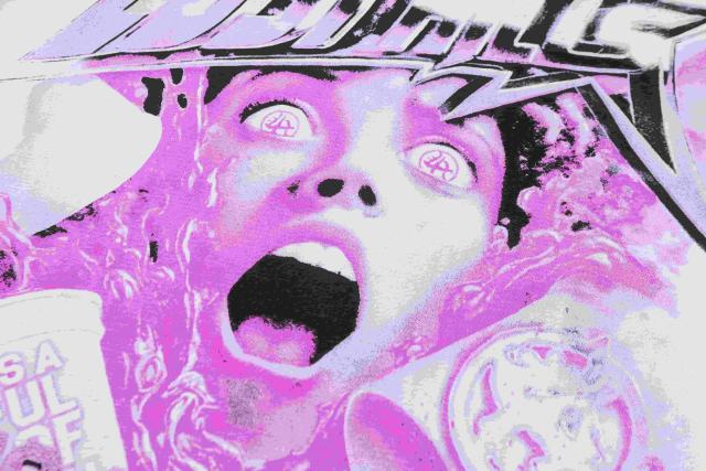 Cough Syrup Screaming Horror Portrait Distressed Bottom Text Front Pink Circular Ring Demon Silhouette Graphic Print Tee 2 colors 29303988