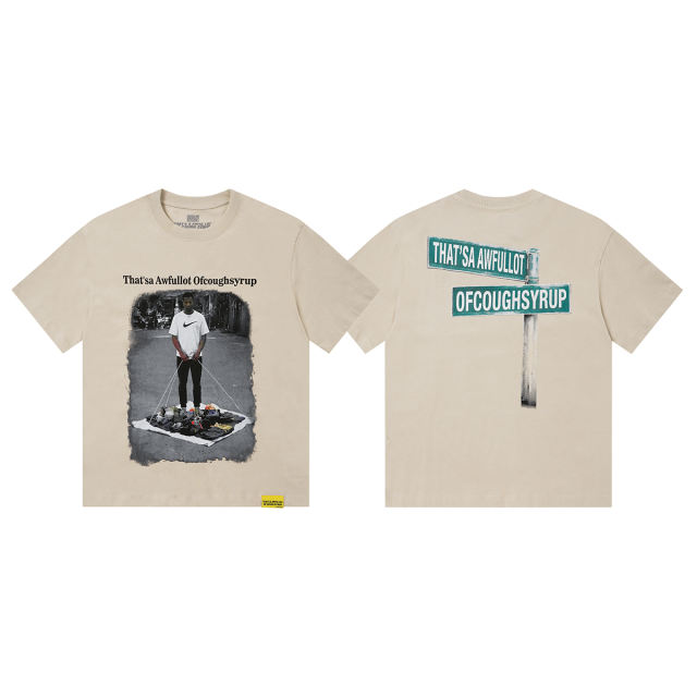 Cough Syrup Hip Hop Streetwear Street Vendor Figure Print Back Split Text Street Sign Design Tee 2 colors 29288641