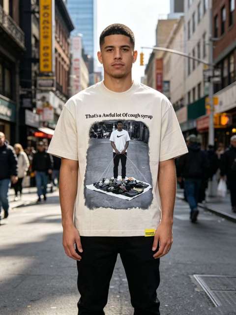 Cough Syrup Hip Hop Streetwear Street Vendor Figure Print Back Split Text Street Sign Design Tee 2 colors 29288641