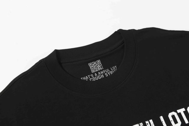 Cough Syrup Vertical Stacked Pharmacy Words Front Large Faded Gold Block Letter Slogan Print Tee 29303867