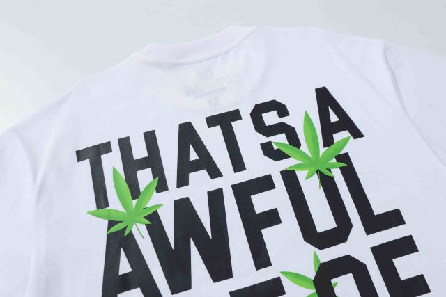 Cough Syrup Minimal Street Green Hemp Leaf Accent Horizontal Slogan Front Large Vertical Bold Segmented Letter Tee 2 colors 29302254