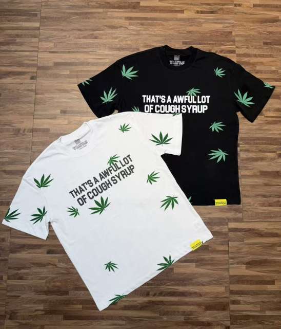 Cough Syrup Scattered Leaf All Over Print Front Small Slogan Back Big Stacked Text Tee 2 colors 29288645