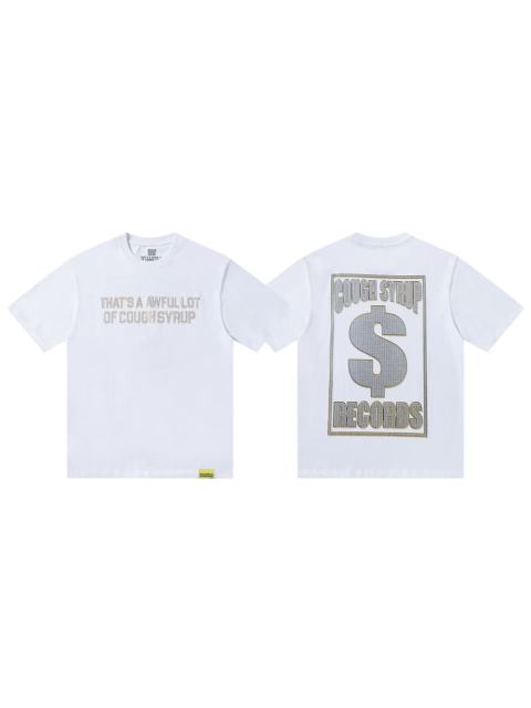 Cough Syrup Luxury Hip Hop Rhinestone Mesh Texture Front Horizontal Slogan Back Framed Dollar Sign Records Logo Tee 29302196