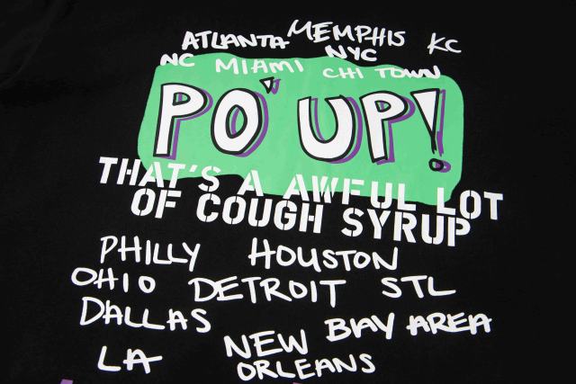 Cough Syrup PO' UP US City Name List Green Box Text Gradient Flame Front Purple Syrup Dripping Disposable Cup Print Tee 2 colors 29303911
