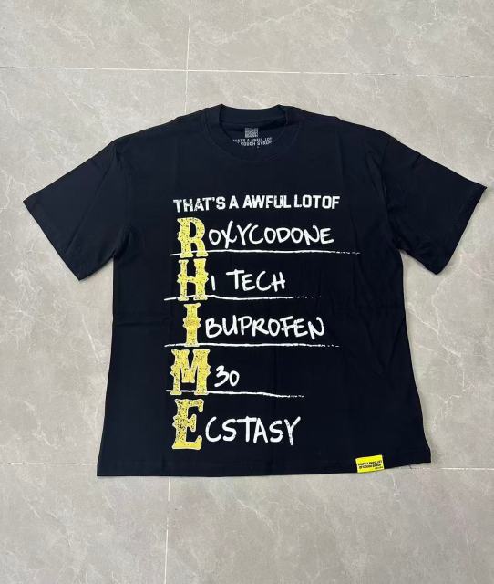Cough Syrup Vertical Stacked Pharmacy Words Front Large Faded Gold Block Letter Slogan Print Tee 29303867