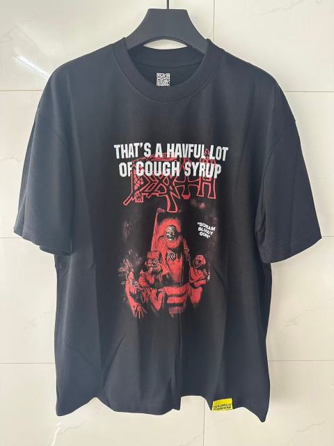 Cough Syrup Red Hue Grim Reaper Group Portrait Gothic Death Letter Front Large Orange Bold Block Slogan Print Tee 29303887