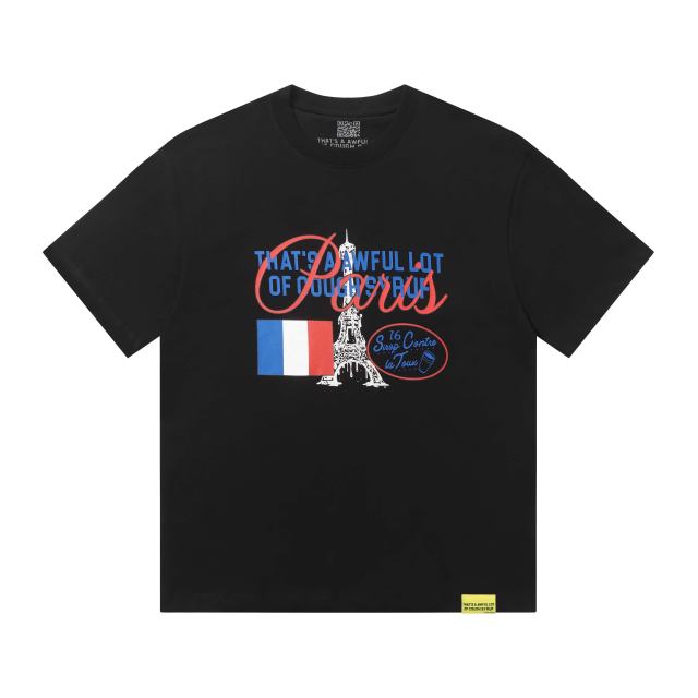 Cough Syrup Eiffel Tower France Flag Travel Stamp Graphic Front Large Bold Blue Stacked Letter Tee 2 colors 29290156