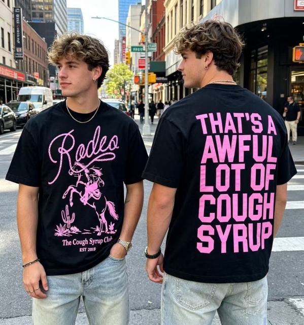 Cough Syrup Pink Line Rodeo Cowboy Cactus Club EST 2018 Front Bold Stacked Letter Tee 29290090