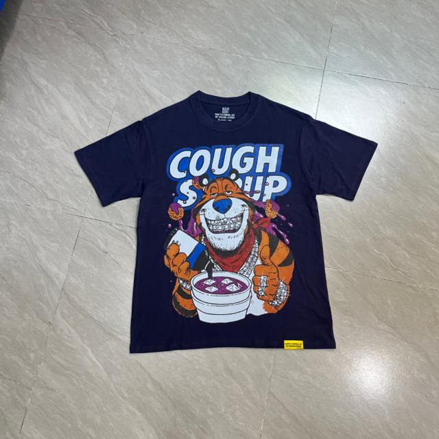 Cough Syrup West Coast Casual Fashion Solid Navy Blue Laid Back Tiger Mascot Pour Syrup Graffiti Bubble Font Print T-Shirt 29344147