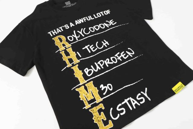 Cough Syrup Vertical Stacked Pharmacy Words Front Large Faded Gold Block Letter Slogan Print Tee 29303867