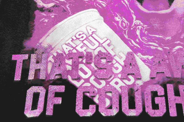 Cough Syrup Screaming Horror Portrait Distressed Bottom Text Front Pink Circular Ring Demon Silhouette Graphic Print Tee 2 colors 29303988