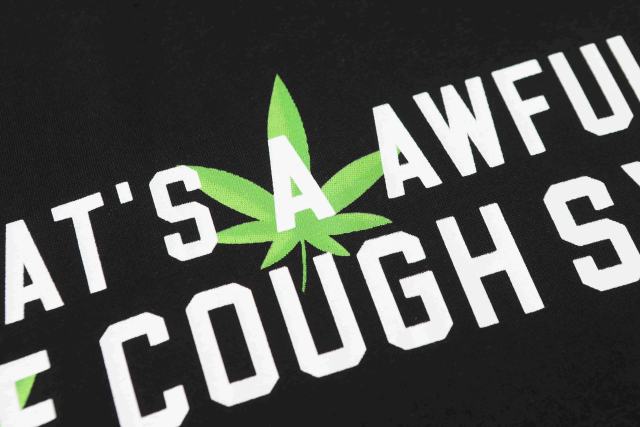 Cough Syrup Minimal Street Green Hemp Leaf Accent Horizontal Slogan Front Large Vertical Bold Segmented Letter Tee 2 colors 29302254