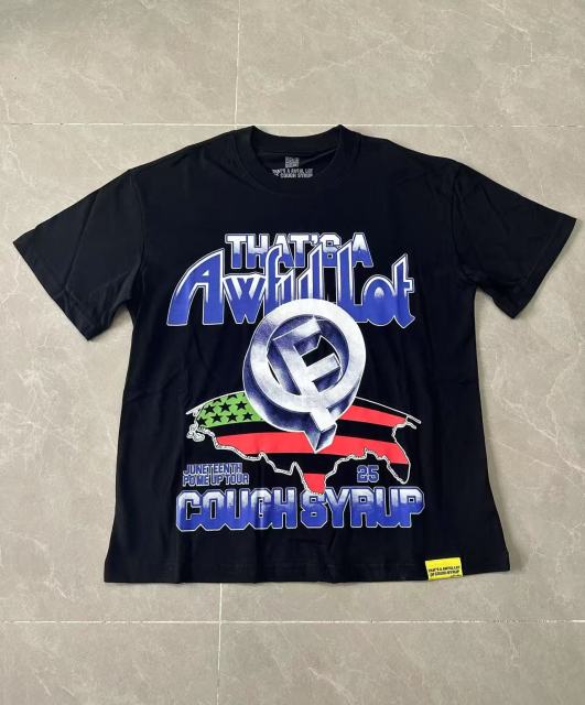 Cough Syrup Hip Hop Streetwear Gothic Stacked Letter Slogan USA Continent Map Emblem Badge Double Side Tee 29303789