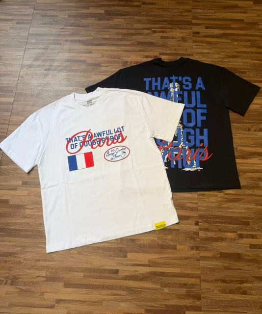 Cough Syrup Eiffel Tower France Flag Travel Stamp Graphic Front Large Bold Blue Stacked Letter Tee 2 colors 29290156